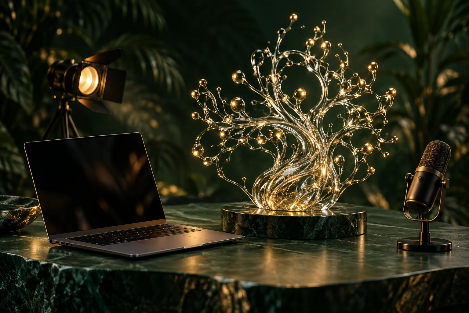 Composição conceitual com escultura luminosa de inteligência artificial, computador e equipamentos de comunicação