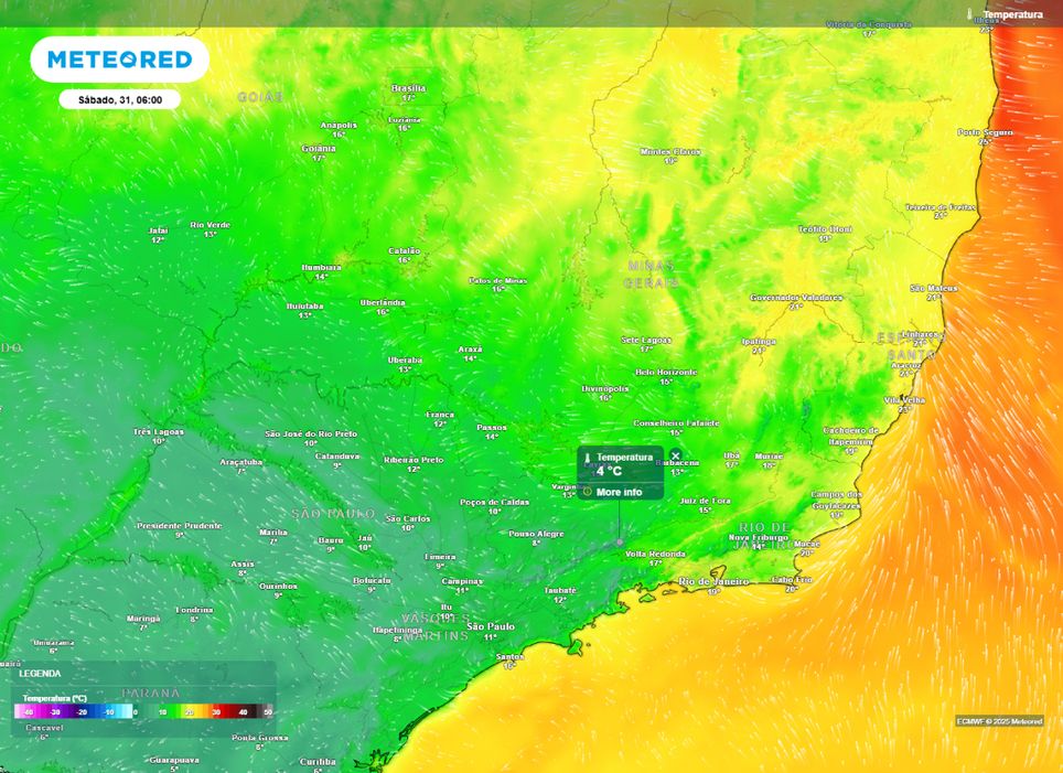 Temperatura mínima prevista para o Sudeste na manhã de sábado (31), segundo o modelo ECMWF.