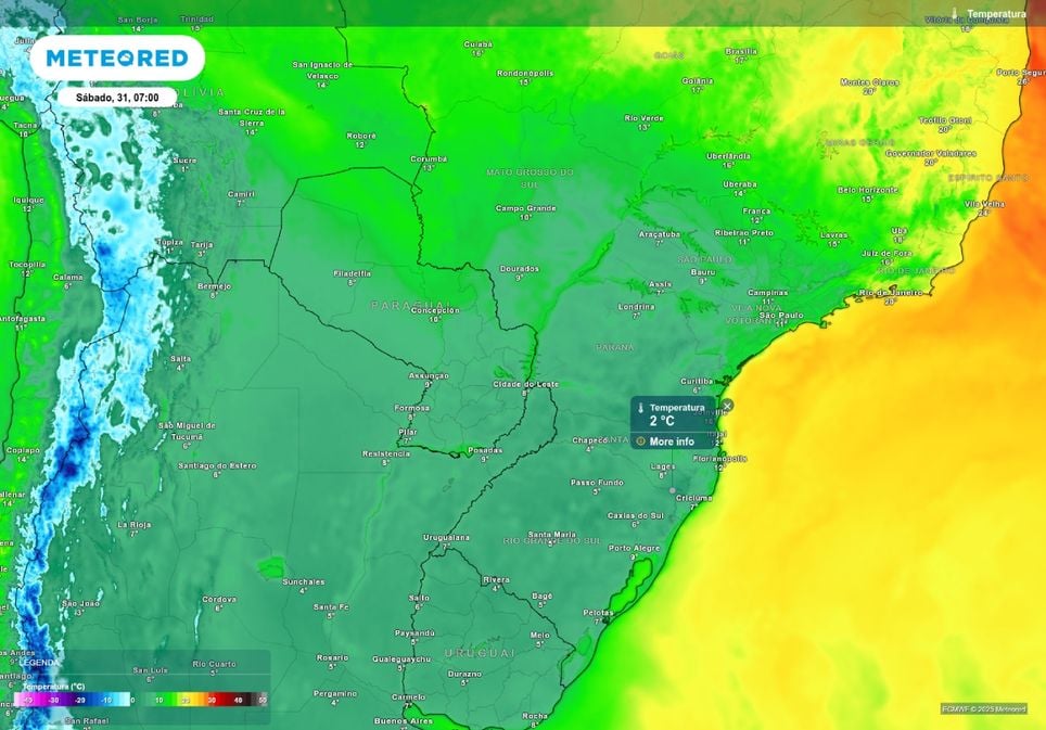 Previsão de temperatura mínima no centro-sul do país no sábado (31), de acordo com o modelo ECMWF.