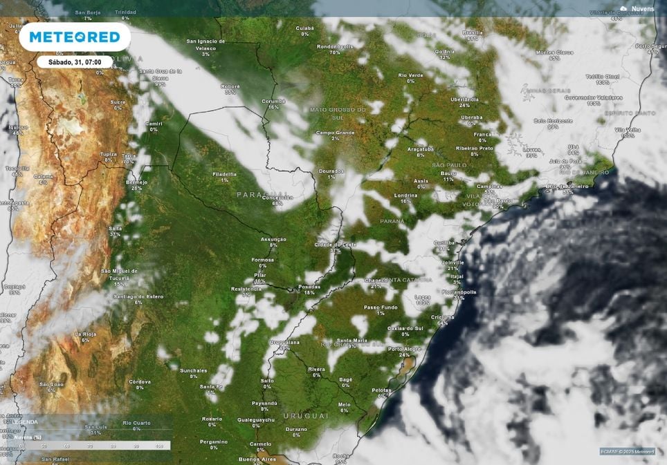 Previsão de céu com poucas nuvens no sábado (31) pela manhã, de acordo com o ECMWF, condição que favorece a formação de geada.