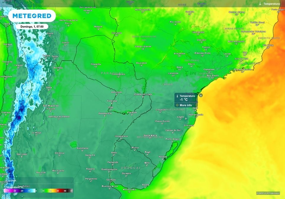 Previsão de temperatura mínima domingo (01), de acordo com o ECMWF.