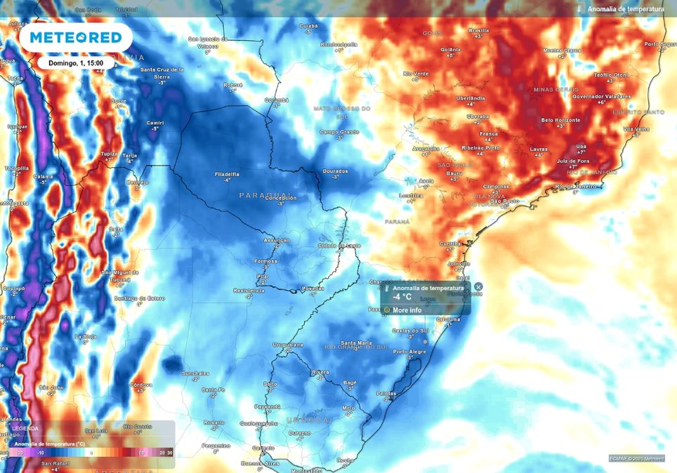 Previsão de anomalia de temperatura máxima domingo (01), de acordo com o ECMWF.