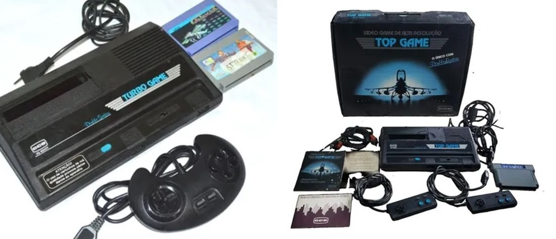 Dois consoles da CCE, o Turbo Game e o Top Game.