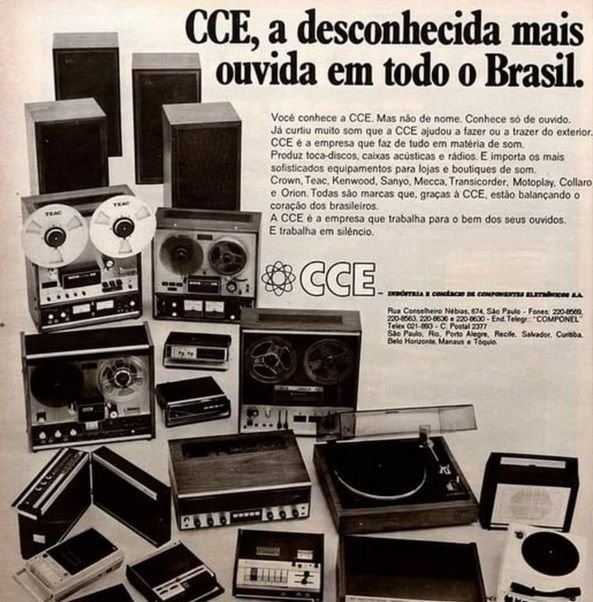 Um anúncio de revista com aparelhos de som da CCE.