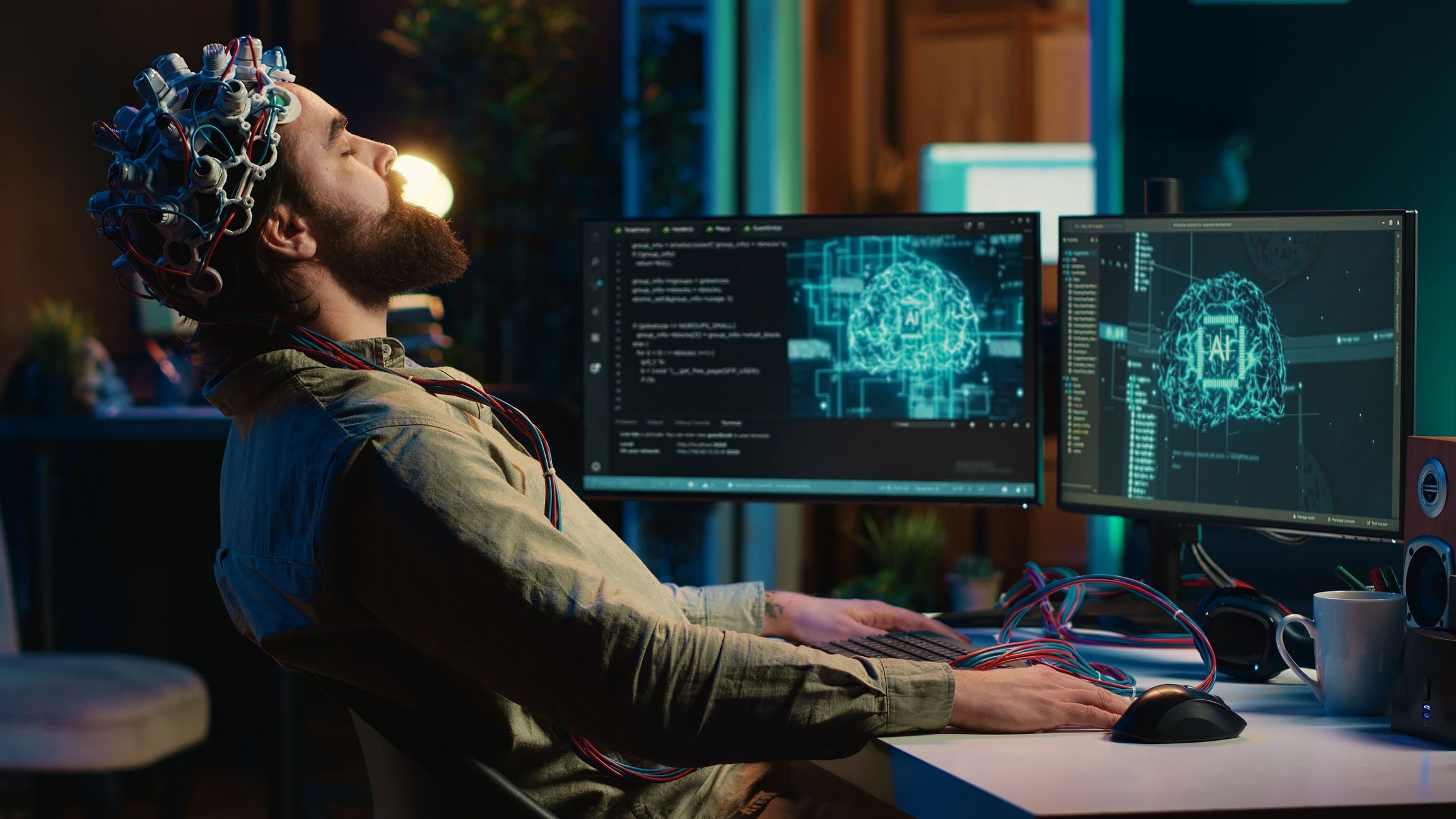 a-imagem-mostra-uma-pessoa-sentada-em-frente-a-um-computador-com-um-receptor-de-neuronios-na-cabeca