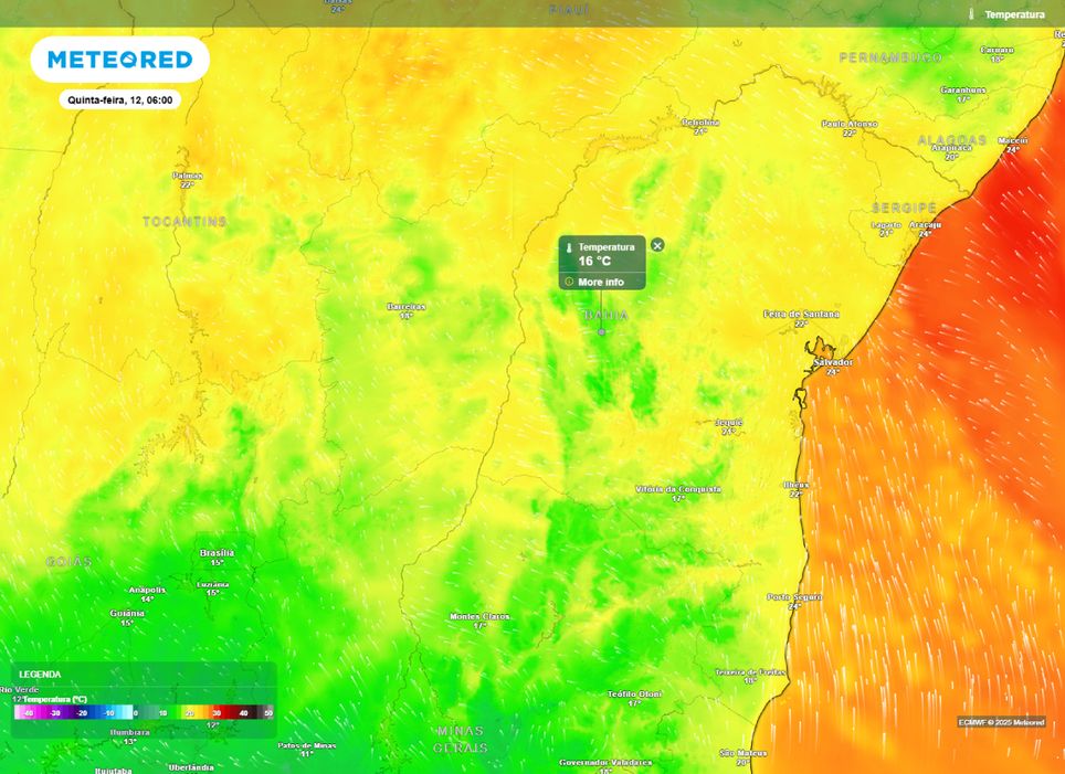 Temperatura mínima prevista para a Bahia na manhã de quinta-feira (12). Temperatura mínima prevista para a Bahia na manhã de quinta-feira (12).