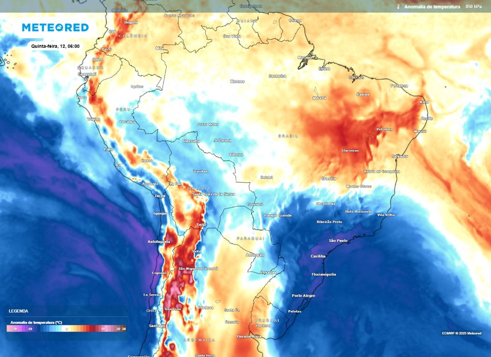 Mapa de anomalia de temperatura em 850 hPa para o quinta-feira (12), segundo o modelo ECMWF. Mapa de anomalia de temperatura em 850 hPa para o quinta-feira (12), segundo o modelo ECMWF.