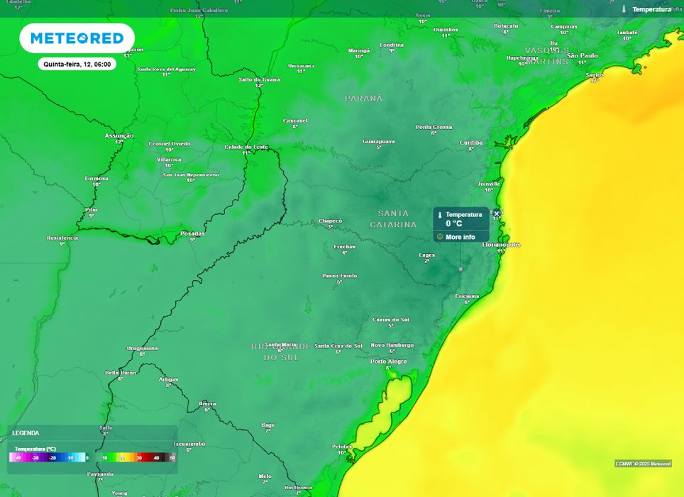 Temperatura máxima prevista para a região Sul na manhã de quinta-feira (12). Temperatura máxima prevista para a região Sul na manhã de quinta-feira (12).