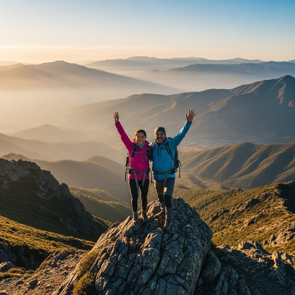 Photograph of an adventurous couple hiking on a mountain peak at sunrise generated by Imagen 4