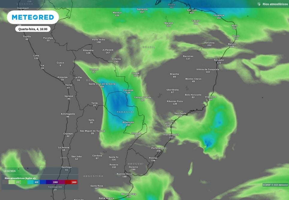Previsão de transporte de umidade via rio atmosférico para o centro-sul do país na quarta-feira (04), de acordo com o ECMWF