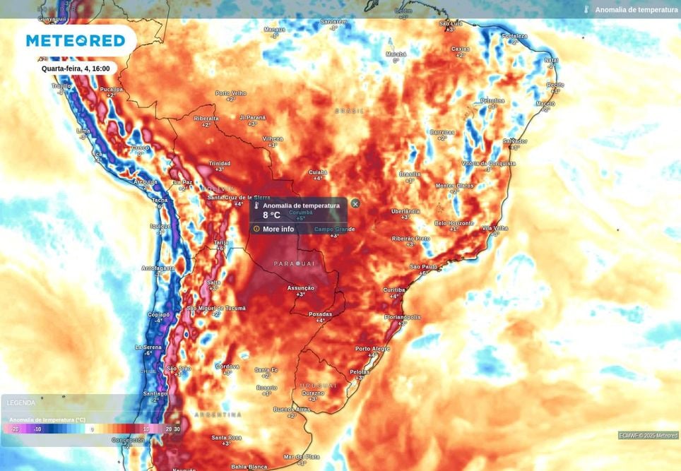 Previsão de anomalia de temperatura nesta quarta-feira (04), de acordo com o modelo ECMWF.
