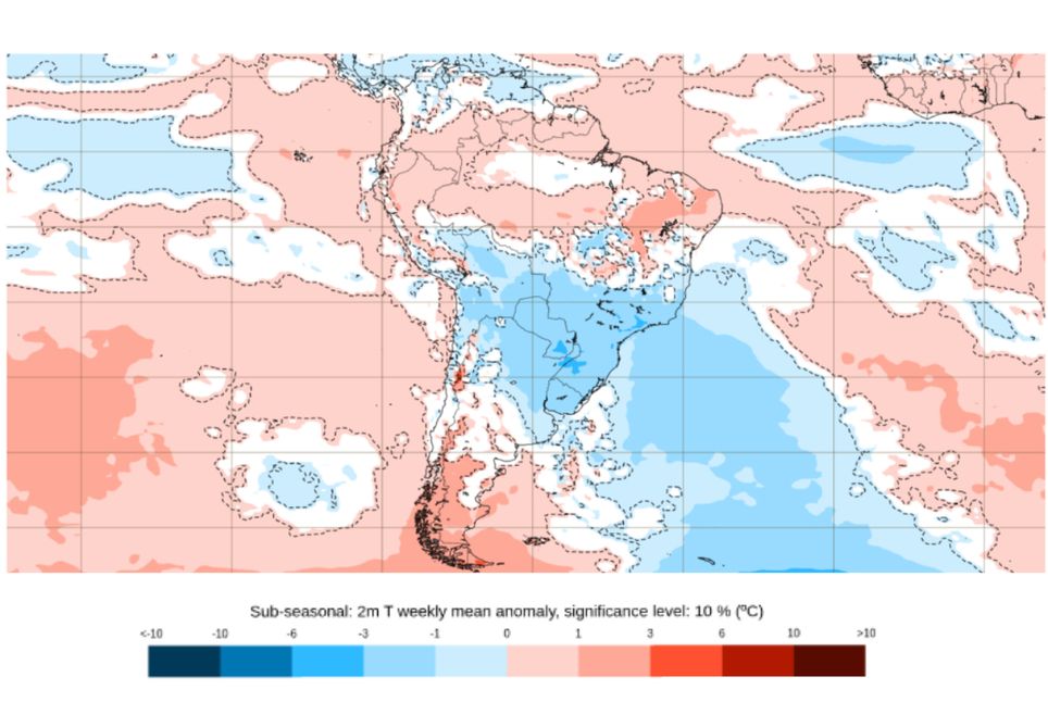Mapa de anomalia de temperatura entre os dias 9 e 16 de junho, segundo o ECMWF Charts. Mapa de anomalia de temperatura entre os dias 9 e 16 de junho, segundo o ECMWF Charts.