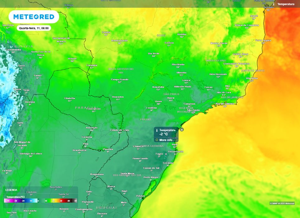 Temperatura mínima prevista para o Brasil na manhã de quarta-feira (11), segundo o modelo ECMWF. Temperatura mínima prevista para o Brasil na manhã de quarta-feira (11), segundo o modelo ECMWF.