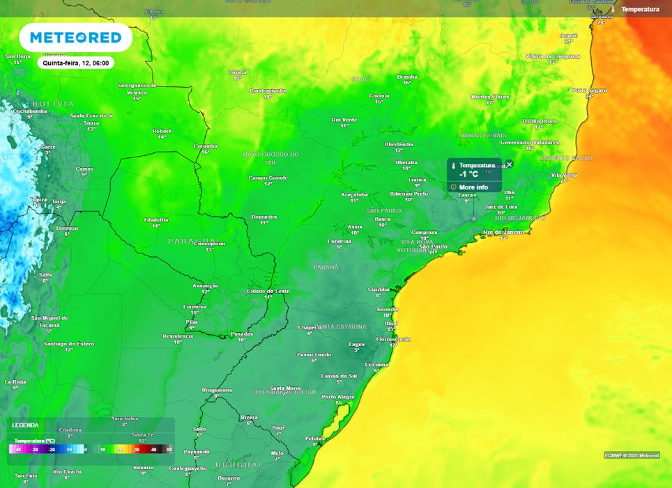 Temperatura mínima prevista para o centro-sul do Brasil na manhã de quinta-feira (12). Temperatura mínima prevista para o centro-sul do Brasil na manhã de quinta-feira (12).