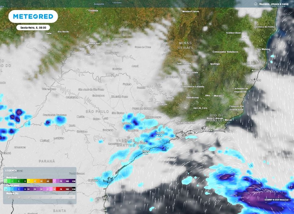 Mapa de precipitação prevista para a manha de sexta-feira (6), segundo o modelo ECMWF.