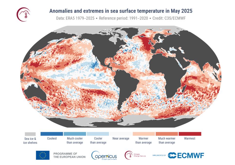 Anomalias de TSM e extremos de temperatura em maio de 2025. Créditos: ECMWF/CS3.