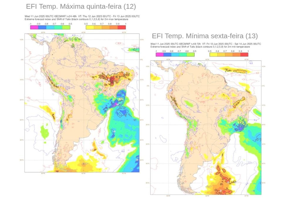 EFI para temperatura máxima (esquerda) nesta quinta-feira (12) e para temperatura mínima (direita) na sexta-feira (13). Créditos: adaptado de ECMWF. EFI para temperatura máxima (esquerda) nesta quinta-feira (12) e para temperatura mínima (direita) na sexta-feira (13). Créditos: adaptado de ECMWF.