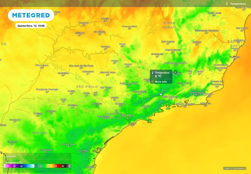 Previsão de temperatura máxima na quinta-feira (12), de acordo com o modelo ECMWF. Previsão de temperatura máxima na quinta-feira (12), de acordo com o modelo ECMWF.