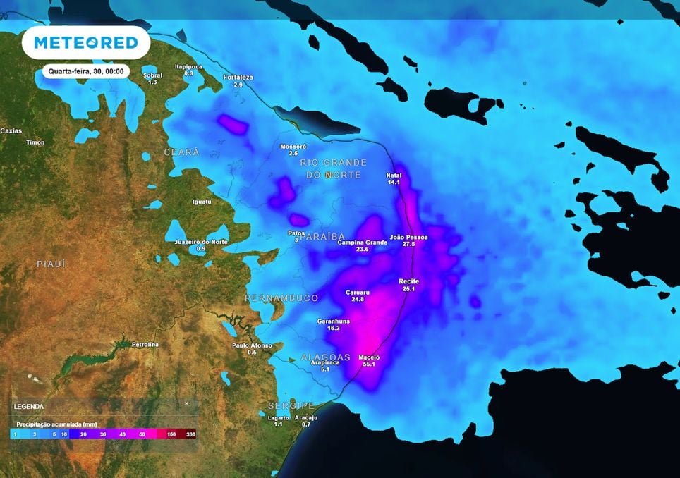 Previsão de acumulados de chuva até o final da terça-feira.