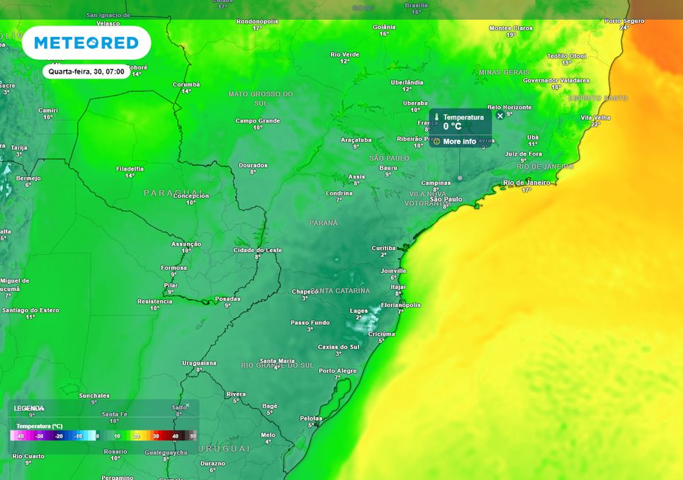 Previsão de temperaturas mínimas na quarta-feira durante a madrugada.
