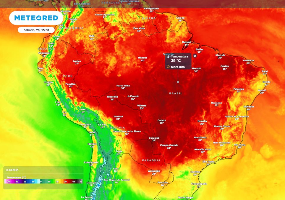 Previsão de temperaturas máximas no próximo sábado.