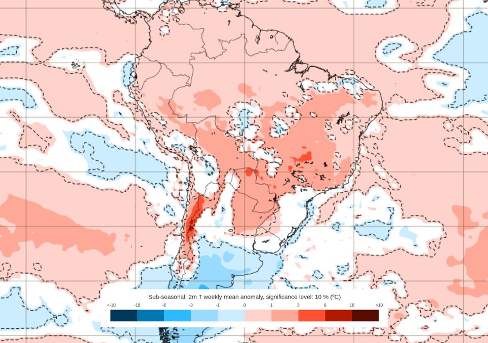 Previsão de anomalias de temperatura entre os dias 21 e 28 de Julho.