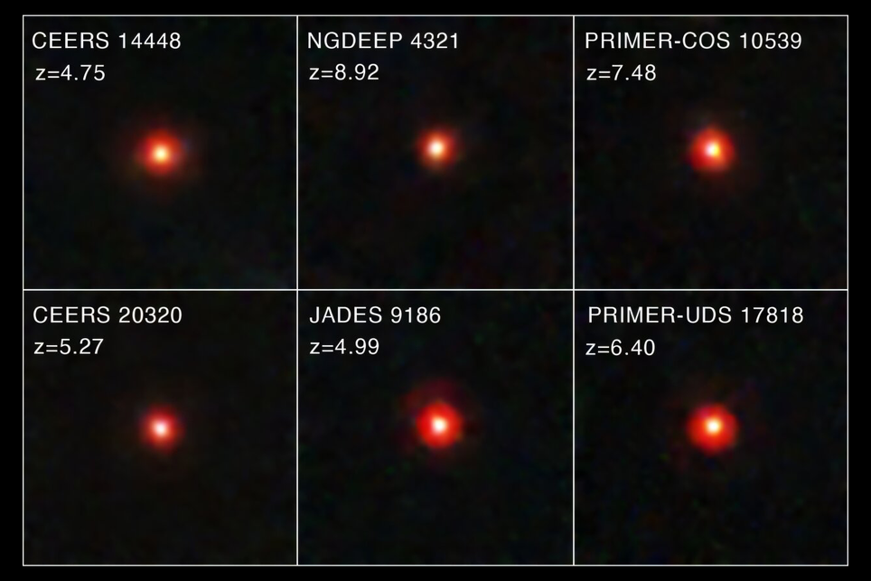 Os Little Red Dots recebem esse nome por terem a aparência de pontos vermelhos quando observados pelo JWST. Crédito: Kocevski/NASA/ESA.