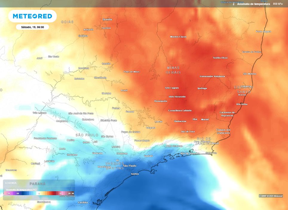 Anomalia de temperatura no nível de 850 hPa para este sábado (19). Anomalia de temperatura no nível de 850 hPa para este sábado (19).