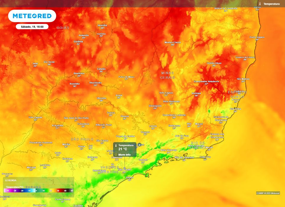 Temperatura máxima prevista para a região Sudeste na tarde de sábado (19). Temperatura máxima prevista para a região Sudeste na tarde de sábado (19).