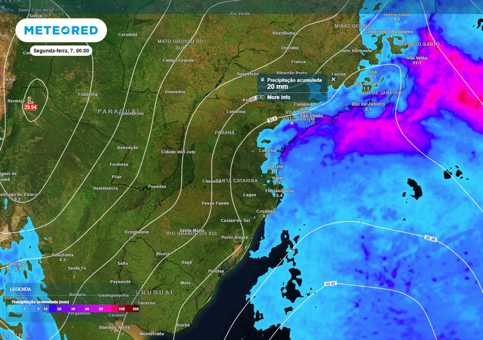 Previsão de acumulados de chuva totais até o final do domingo.