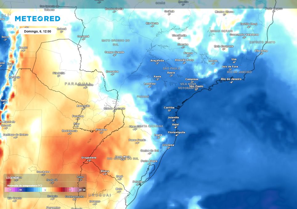 Previsão de anomalia de temperaturas em 850 hPa no domingo durante a manhã.