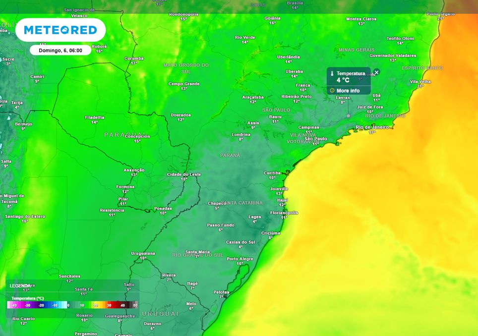 Previsão de temperaturas mínimas do domingo durante a manhã.