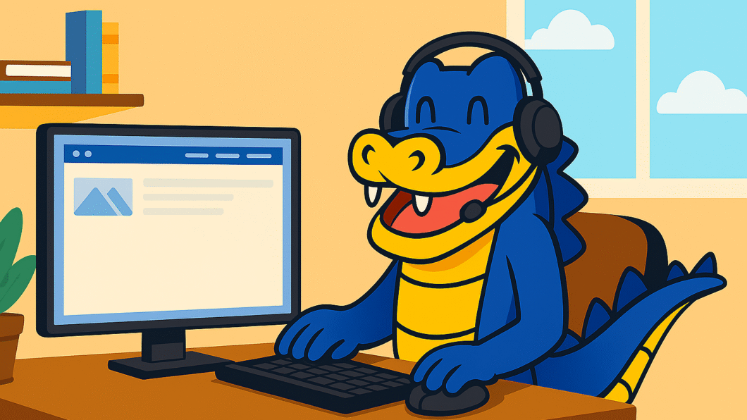 Desenho com jacaré azul do logo da HostGator sentado diante de uma mesa de escritório, usando fones e um computador