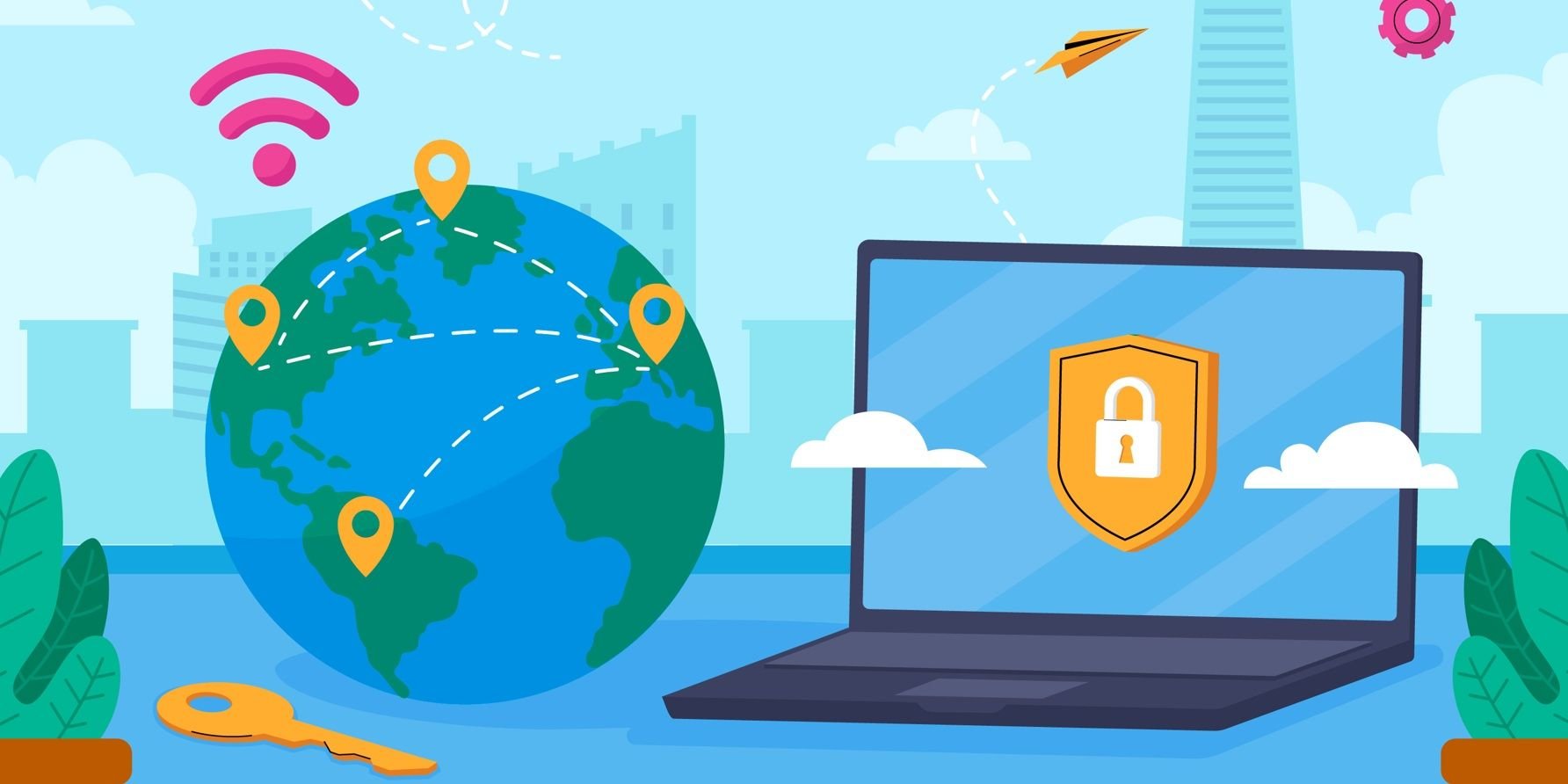 ilustracao-de-seguranca-digital-com-planeta-terra-marcadores-de-localizacao-chave-wifi-e-notebook-com-escudo-e-cadeado