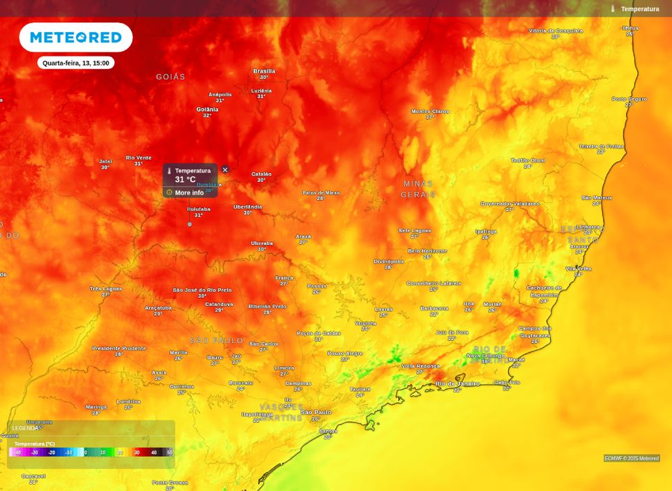 Máxima prevista para a Região Sudeste na tarde de quarta-feira (13).