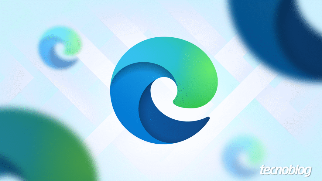 Ilustração mostra o logo do Microsoft Edge ao centro, nas tonalidades de azul e verde. O fundo da imagem é levemente azul com traços brancos. Na parte inferior direita, o logotipo do "tecnoblog" é visível.