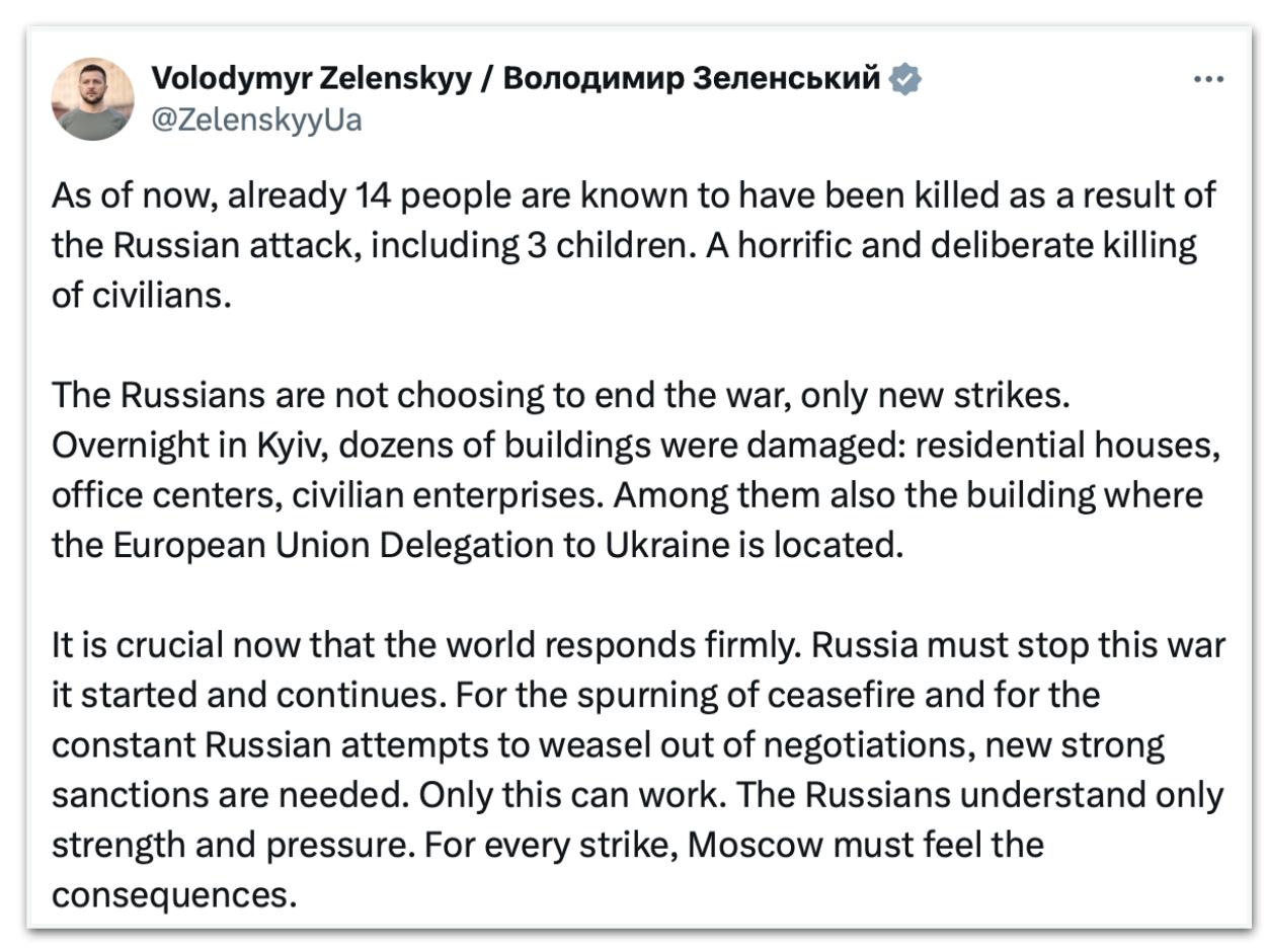 O presidente da Ucrânia, Volodymyr Zelensky, usou a rede social X para condenar os ataques da Rússia com mísseis em Kiev nesta 5ª feira (28.ago.2025)