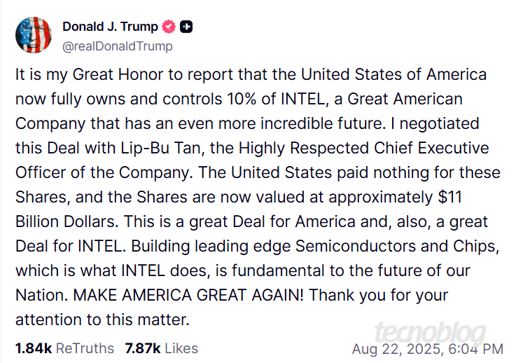 Texto publicado por Donald Trump na rede social Truth agradecendo pelo acordo entre o governo e a Intel
