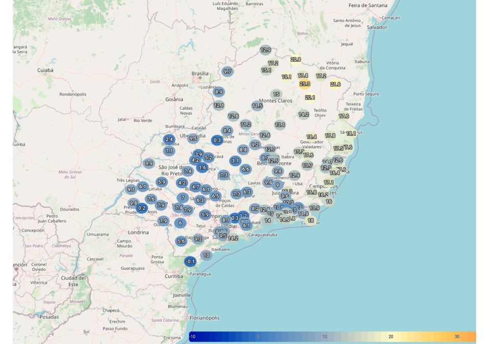 Temperaturas mínimas observadas na região Sudeste na manhã desta terça-feira (12) nas estações do INMET. Créditos: INMET.