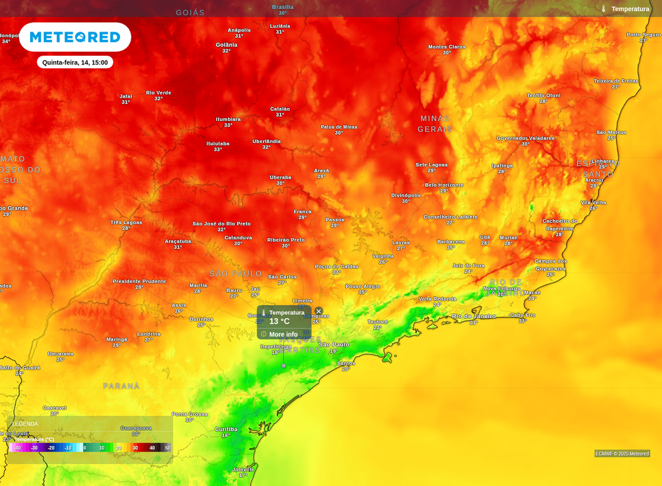 Previsão de temperatura máxima nesta quarta-feira (13), de acordo com o ECMWF.