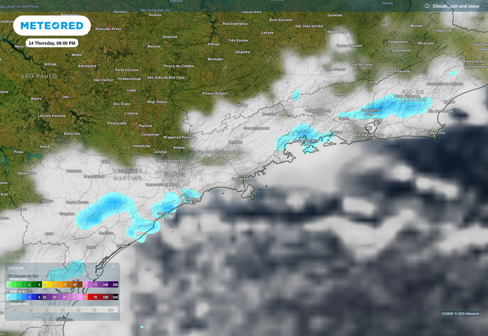 Previsão de nebulosidade e chuva nesta quinta-feira (14), de acordo com o ECMWF.