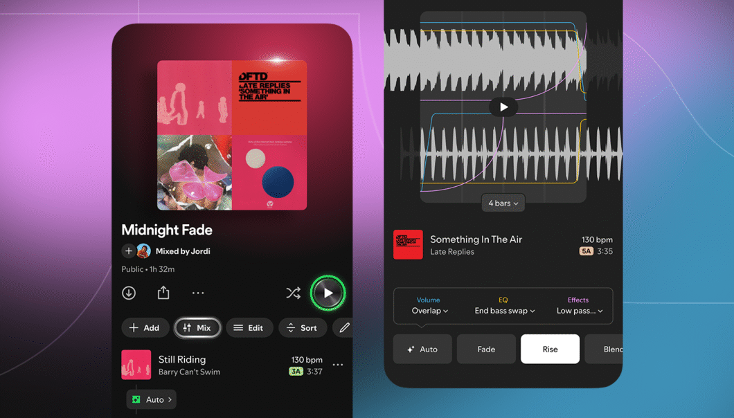 Duas telas do Spotify exibem o novo botão de mixagem de música. À esquerda, uma playlist chamada "Midnight Fade" com a música "Something In The Air" e uma lista de outras faixas. À direita, a visualização técnica da mesma música, com um gráfico de onda e botões para "Volume", "EQ" e "Effects". As telas exibem informações como "130 bpm" e a duração de "3:35".