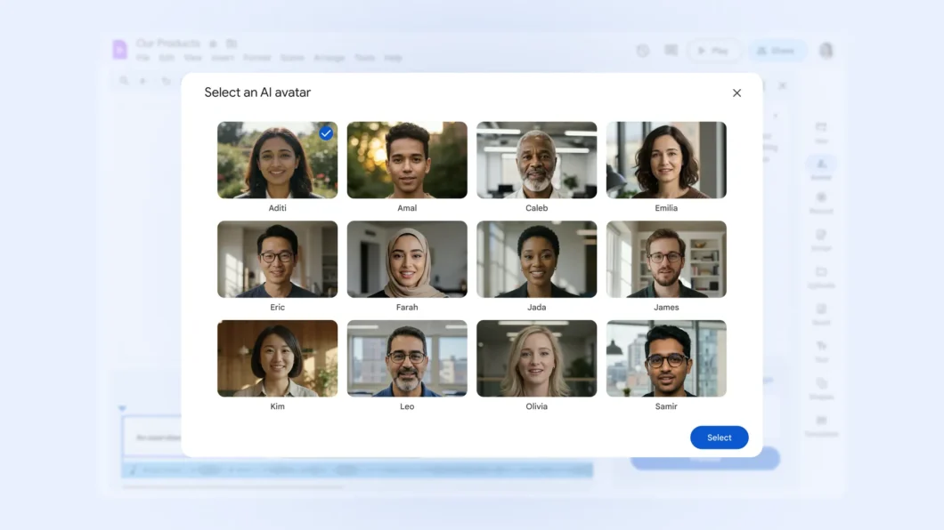 Nova função no Vids permite escolhe 12 avatares de IA (imagem: divulgação/Google)