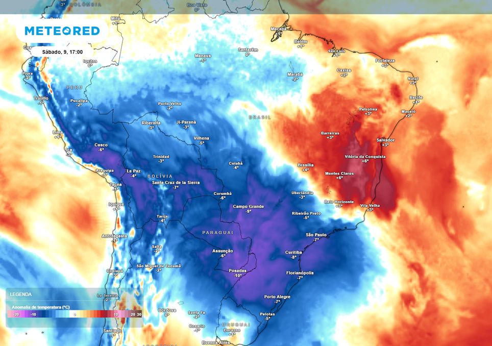 Previsão de anomalias de temperatura em 850 hPa no sábado durante a tarde.