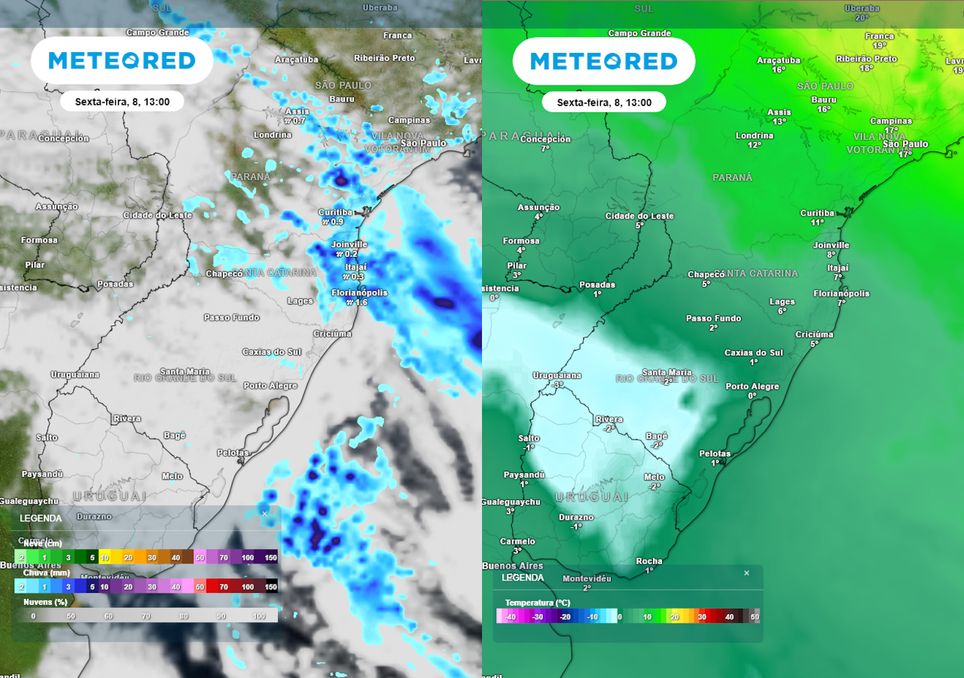 Previsão de nebulosidade/chuva e temperaturas em 850 hPa na sexta-feira durante a tarde.