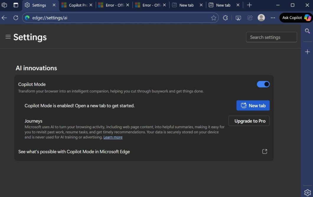 Captura de tela mostra a função Journeys no navegador Microsoft Edge, ativando o Copilot Mode