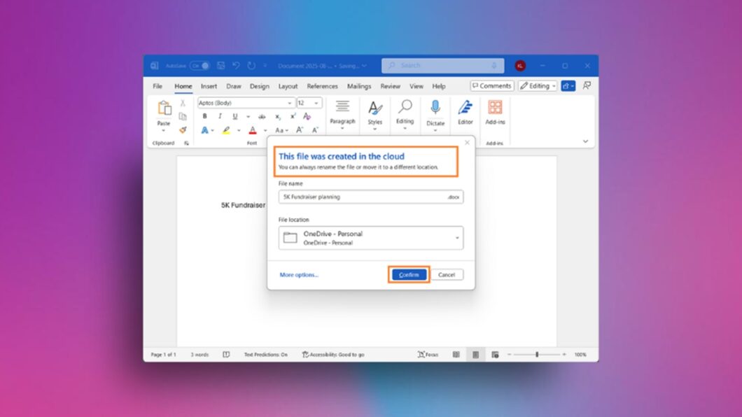 Salvamento nas nuvens automático do Word no OneDrive