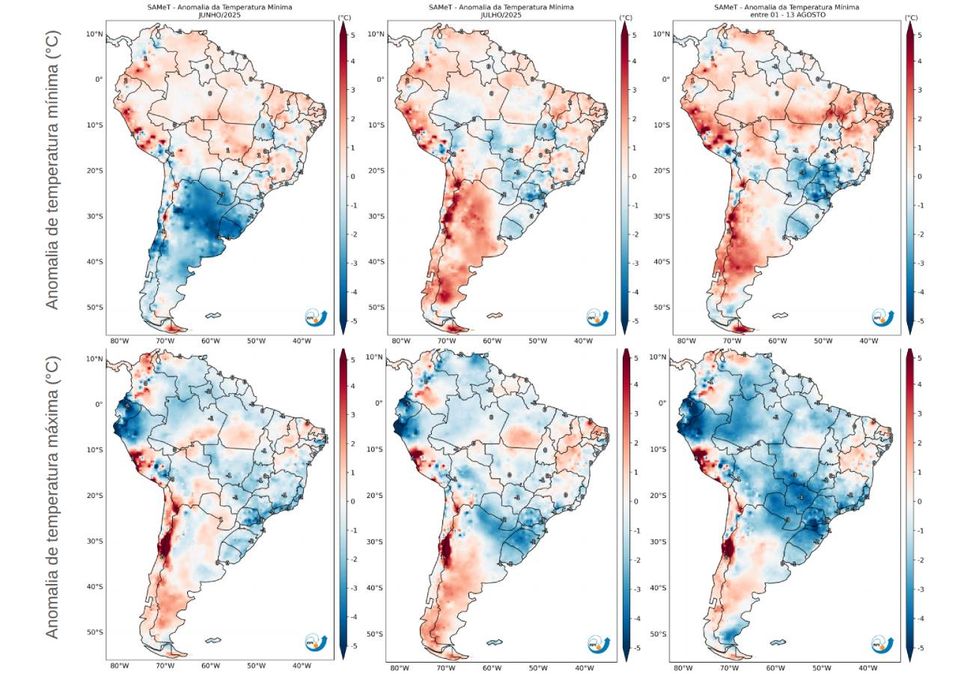Anomalia de temperatura mínima (painel superior) e máxima (inferior) para junho (esquerda), julho (centro) e primeira quinzena de agosto (direita). Créditos: CPTEC/INPE.
