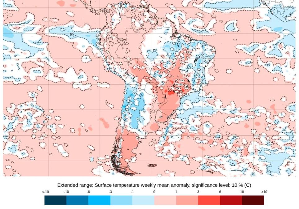Previsão de anomalia semanal de temperatura para os dias entre 18 e 25 de agosto, de acordo com o ECMWF. Créditos: ECMWF.