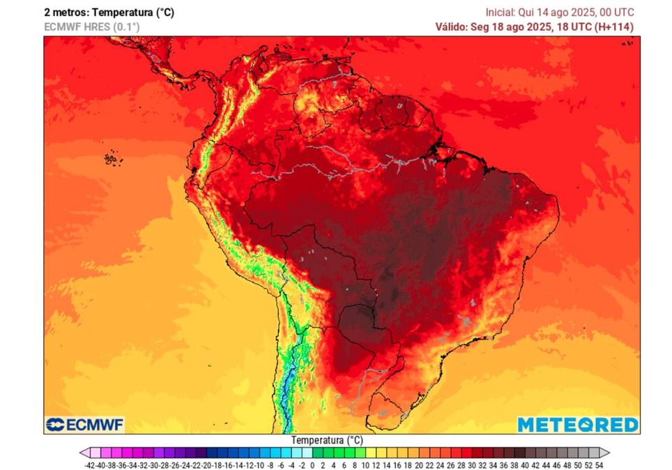 Previsão de temperatura máxima na próxima segunda-feira (25), de acordo com o ECMWF.